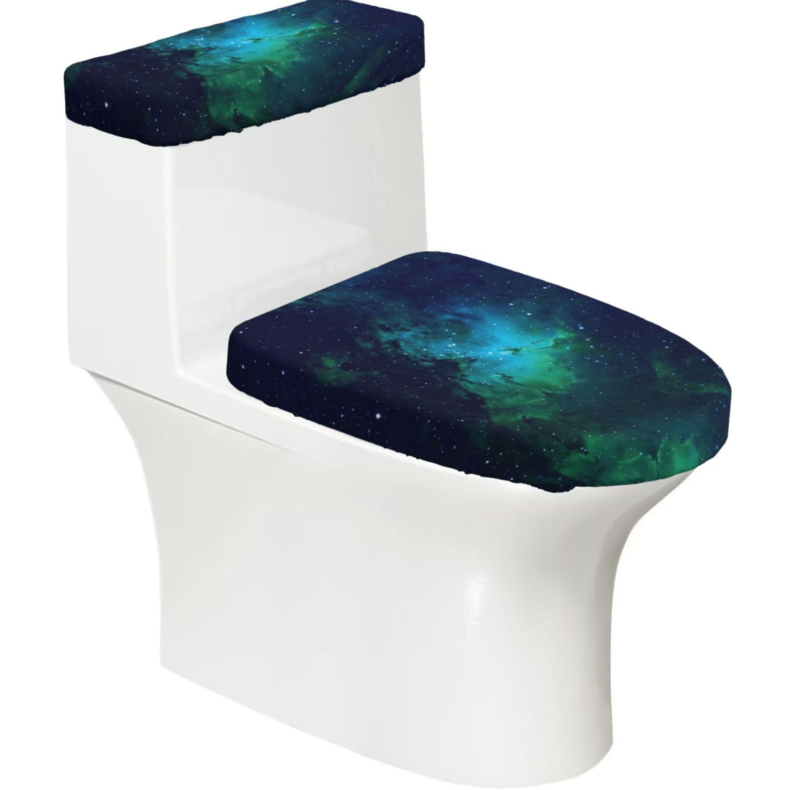 Galaxy Green Print Bathroom Decor Toilet Lid Cover And Tank Covers, Restroom Accessories Fits Most Round