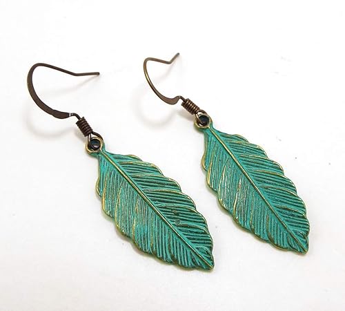 Miniatura 3 de Metal Feather or Leaf Dangle Earrings with Teal Verdigris Patina over Brass with Antiqued Brass Ear Wires