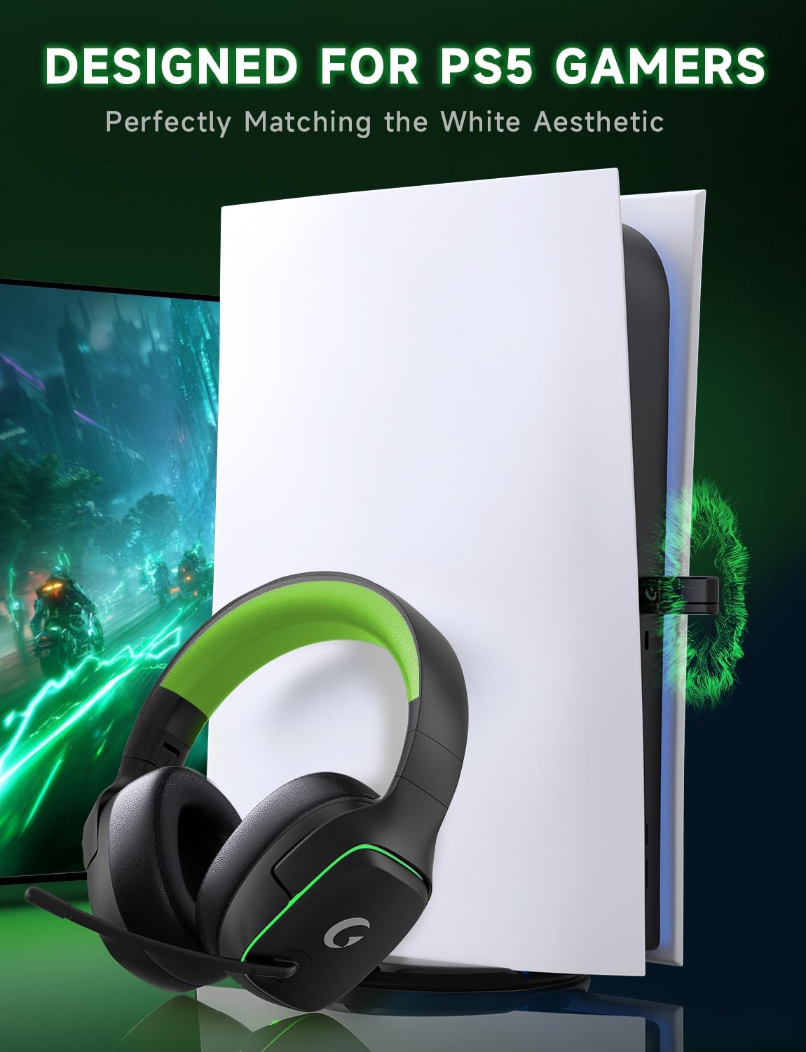 similar to 2.4ghz wireless gaming headsets for ps5, ps4, pc, switch - bluetooth 5.3 gaming headphones with noise canceling mic, 7.1 surround sound, 70h battery, blue lighting - black green blackgreen