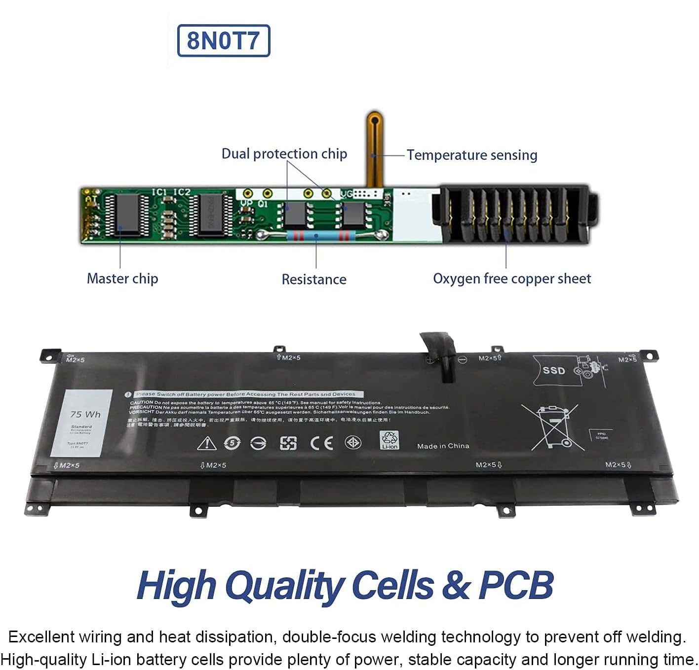 Batteria ARyee 8N0T7 Per Dell XPS 15 9575 2-in-1: Ricambio 11.4V 75Wh (Li-Ion) Compatibile Con D1605TS, D1805TS, Precision 5530 E Serie
