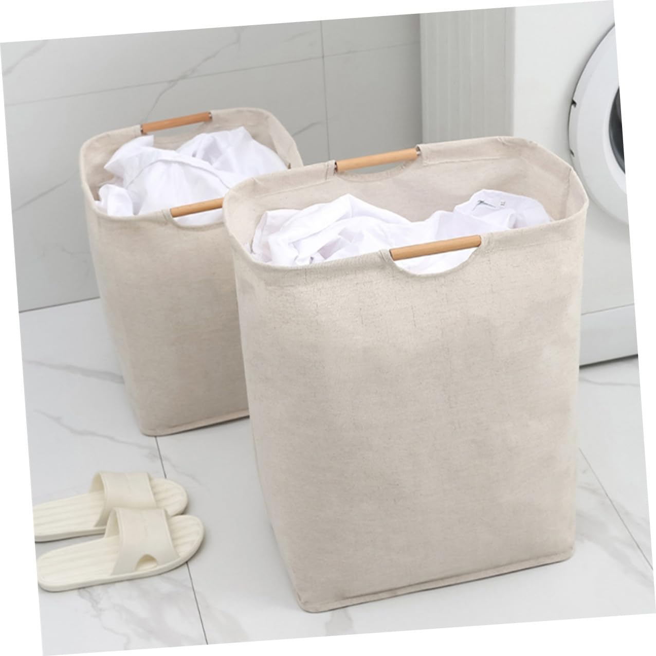 Faltbarer Wäschekorb 60l und 36l, Baumwolle Leinen mit Holzgriff | Faltbarer Wäschekorb Zusammenklappbar, 2 Stück, Beige, für Zuhause und Wohnheim