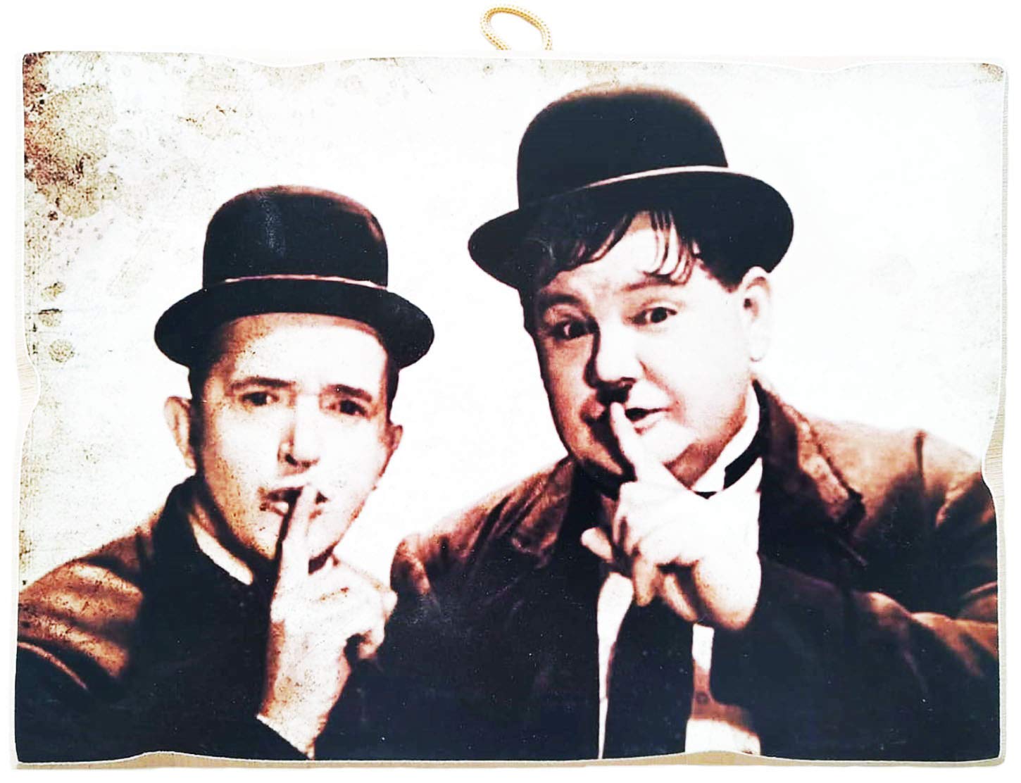 Kustom Art Brown, Black Vintage Style Stan Laurel Oliver Hardy Collectible Picture Print On Wood Made In Italy