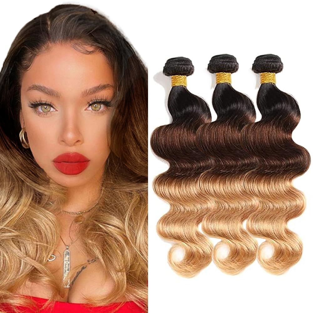 26 26 26 inch #4/27 Bundles Ombre Brown Human Hair Bundles #27 Body Wave Bundles Honey Blonde Human Hair Bundles Double Weft 3 Bundles #4 Body Wave