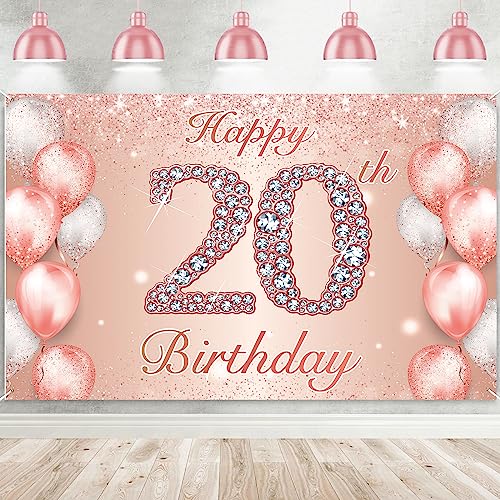 Image of Happy 20th Birthday Rose Gold Banner Cheers to 20 Years Old Backdrop Confetti Balloons Theme Decor for Girls Women 20 Years Old Pink Birthday Party Decorations Bday Supplies Background Gift Glitter
