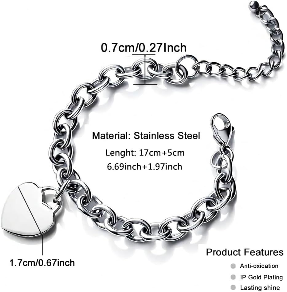 WangGao Elegent Love Stainless Steel Heart Charms Link Chain Bracelet for Women Blank Heart Charm Bracelets Birthday Gifts for Lover - Image 3