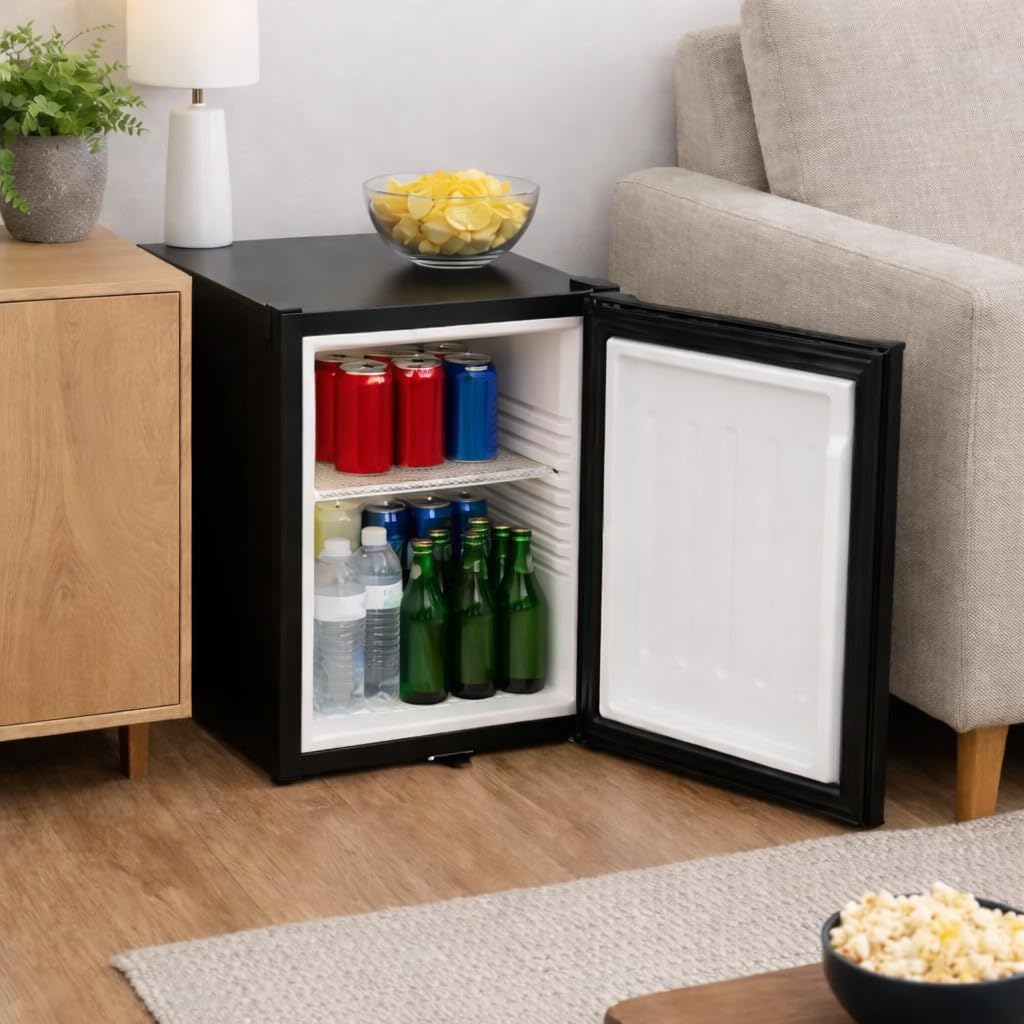 ChillQuiet Silent Mini Fridge 30L Black, 0dB Quiet Mini Bar Fridge for Bedroom/Office/Hotel, Compact Drinks Fridge with Lockable Door & LED Light