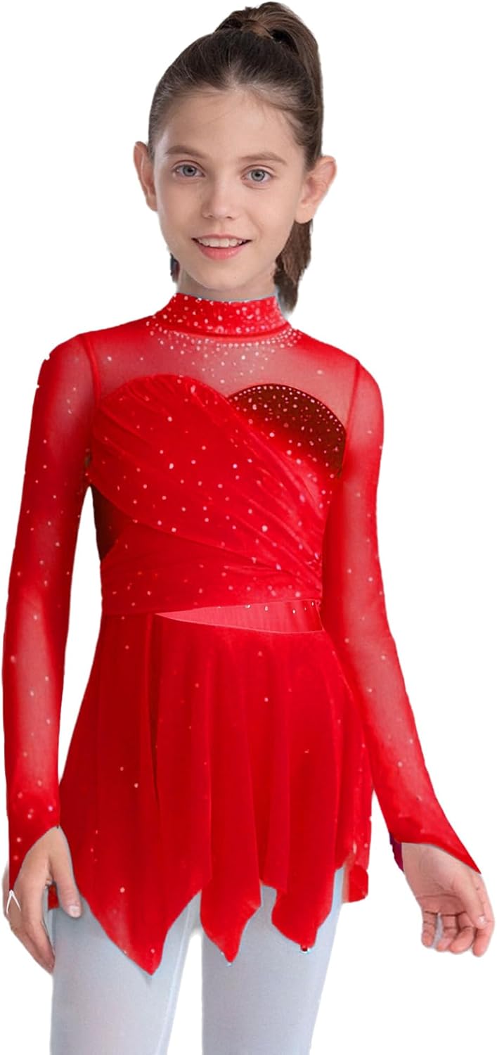 Kids Girls Long Sleeve Figure Skating Dress Mock Neck Leotard Ballet Dance Dress for Performance