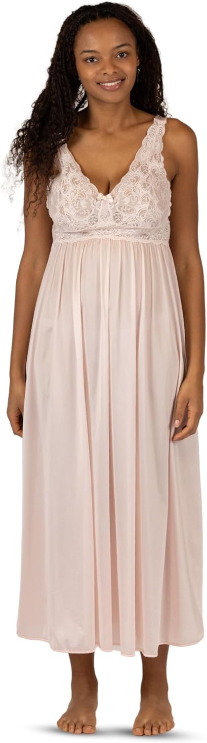 SHADOWLINE Women's Long Flowy Figure Flattering Cap Sleeve Nightgown– Silky Floral Soft Lace Lingerie Elegant Sleepwear