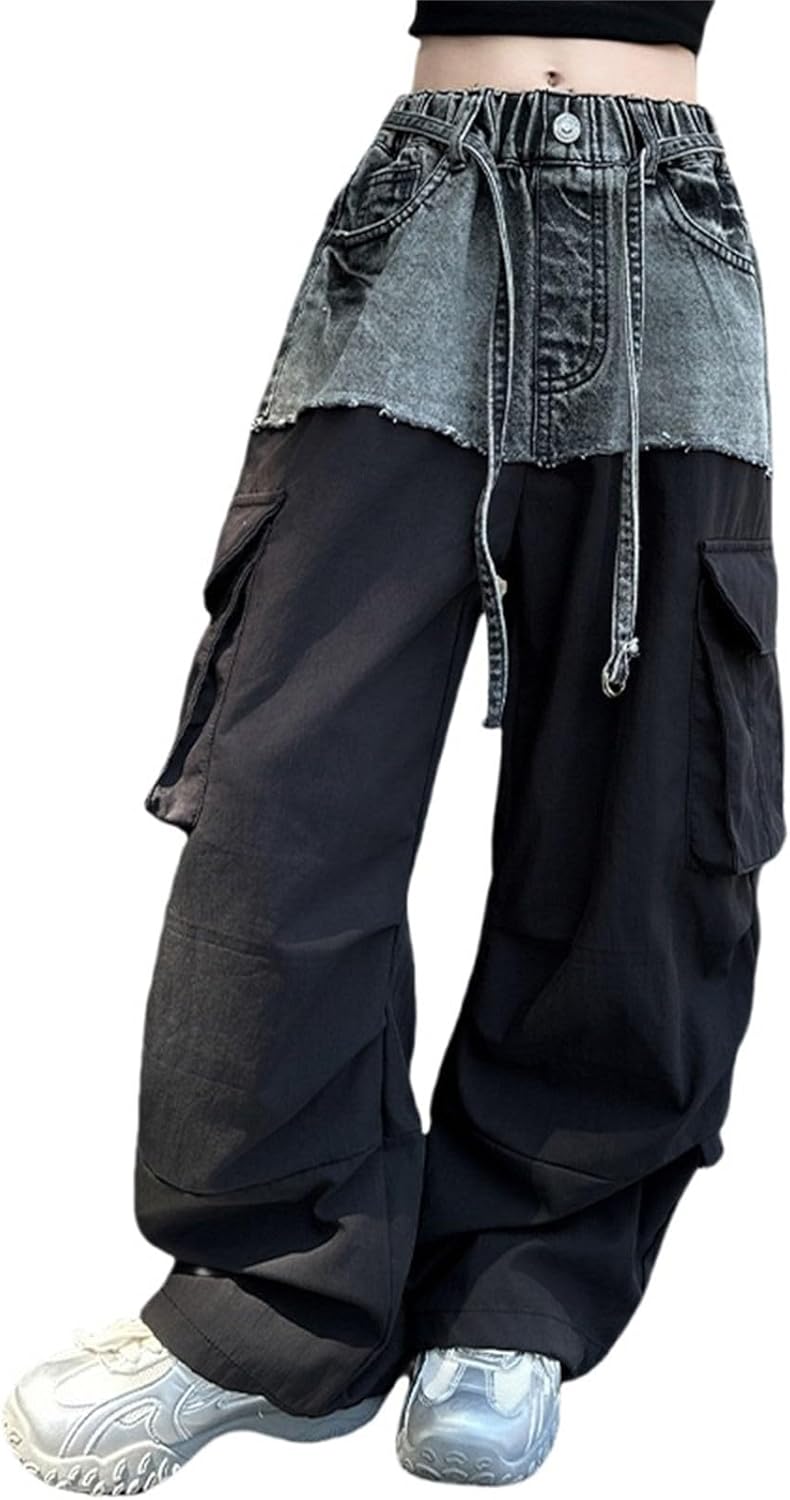 Girls Baggy Cargo Jeans Spring Y2k Wide Leg Elastic Waist Denim Pants Trendy Streetwear Overalls Trousers with Pockets