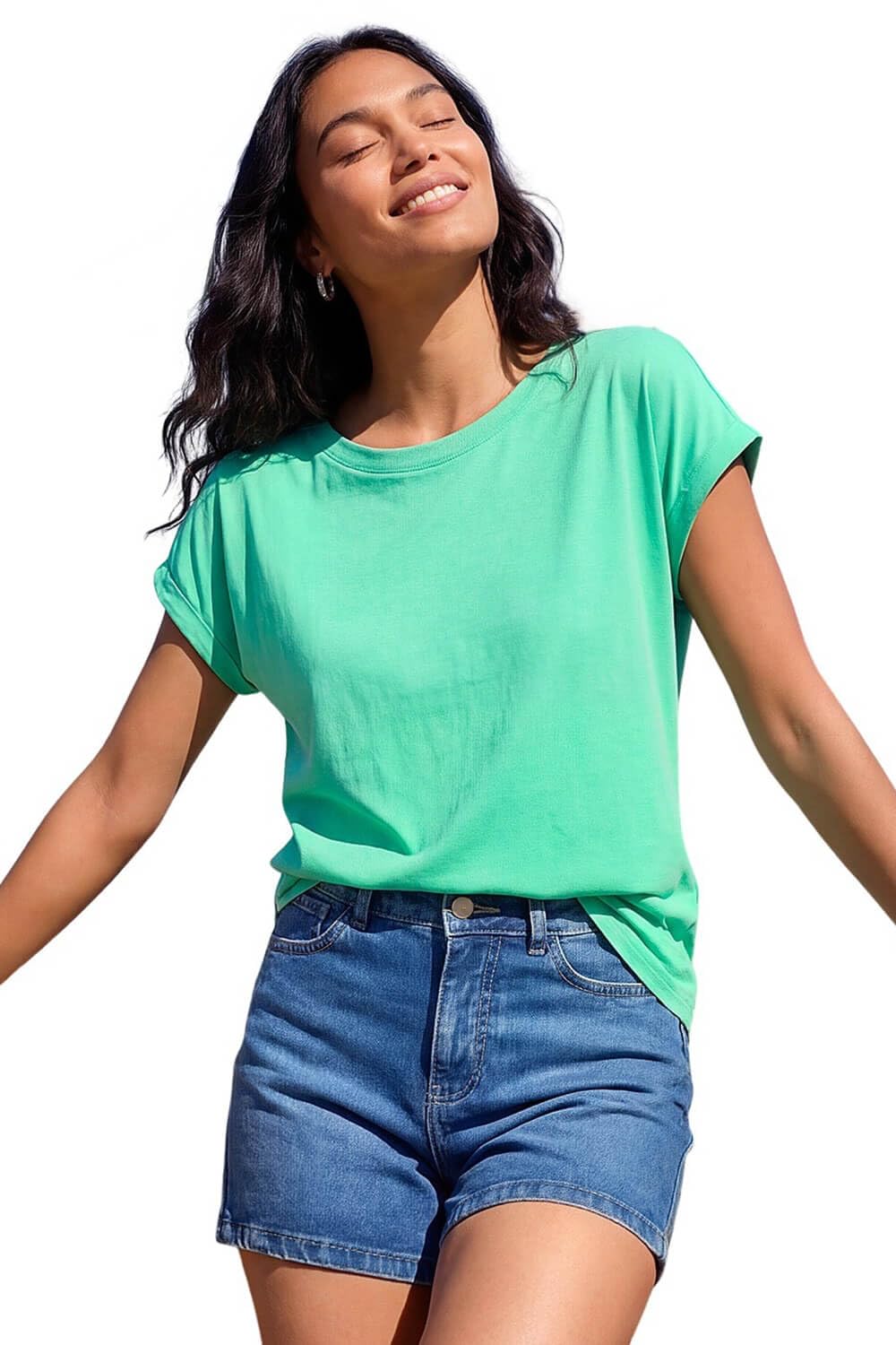Roman Women's Plain Stretch Cotton Jersey T-Shirt in Aqua | Size: 18