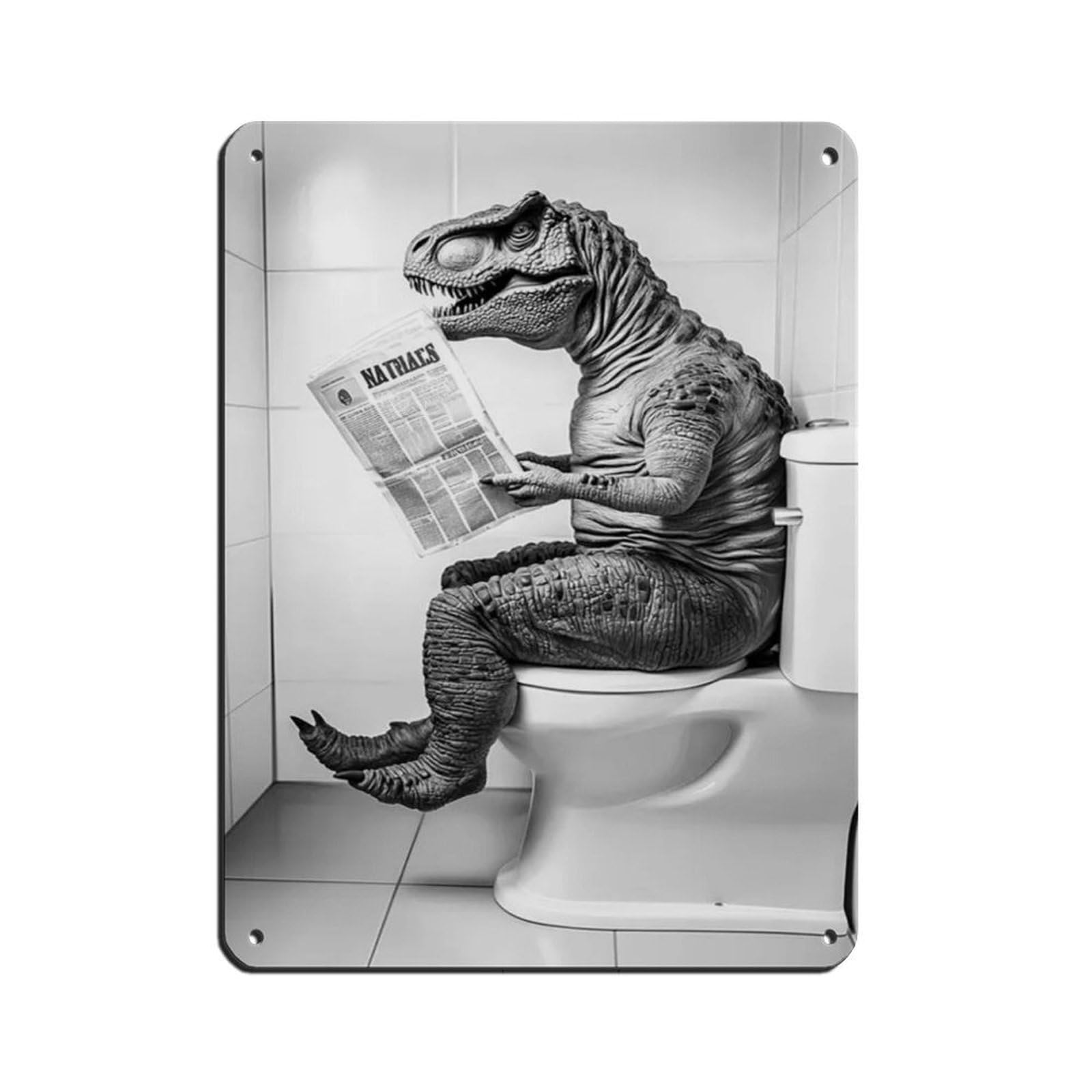 T-Rex Sitting on The Toilet Reading A Newspaper (4) Tin Sign Vintage Metal Pub Club Cafe Bar Home Wall Art Decoration Poster Retro 12x16inch(30x40cm)