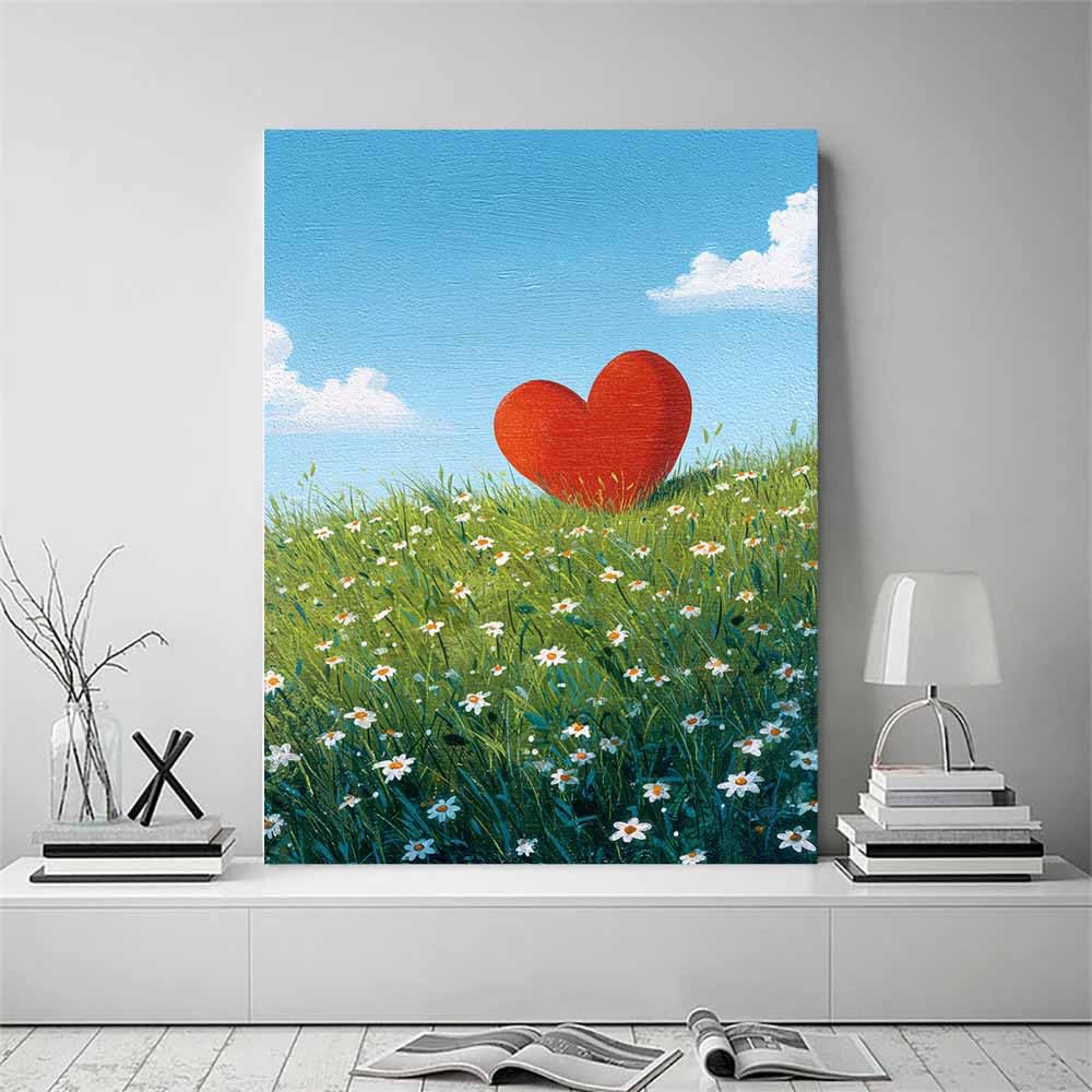 HUYEEI Kocham serce na płótnie serce w polu stokrotki plakat dekoracja ścienna obraz na płótnie malarstwo dekoracja ścienna salon sypialnia korytarz (czerwony)-40x60cm oprawione