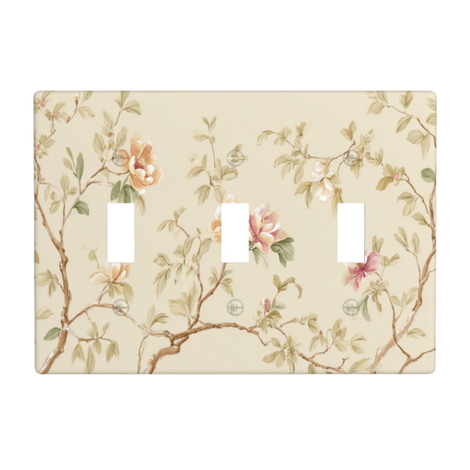 Peach Peonies Sage and Olive Leaves Light Switch Covers 3 Gang Triple Toggle Wall Plate Switchplate Electrical Faceplate for Bathroom Kitchen Bedroom Decor