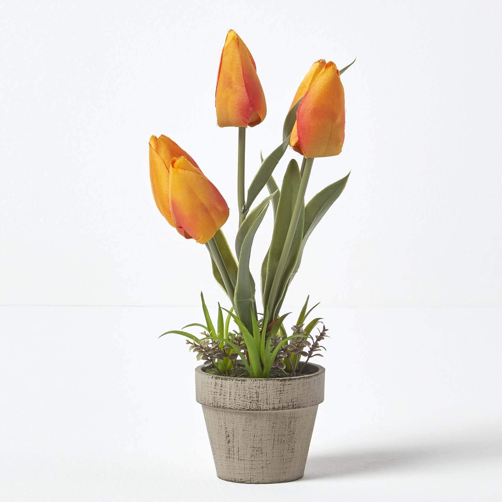 Homescapes Unisex Orange Artificial Tulips In Grey Decorative Stone Pot, 27 Cm In