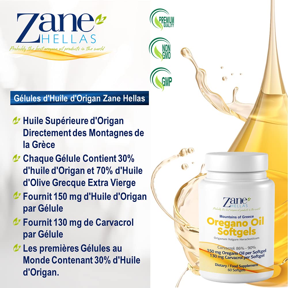 Zane Hellas Gélules d’huile d’origan. La concentration la plus élevée au monde. Chaque Softgel contient 30% d'huile essentielle grecque pure d'origan. 130 mg de carvacrol par softgel. 60 gélules.