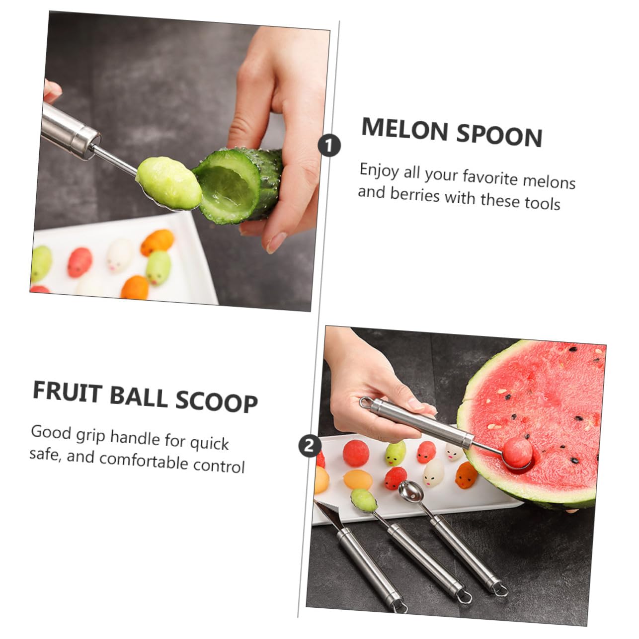 Artibetter Juego de 4 Cucharas para Bolas de Melón de Acero Inoxidable Diseño Bonito para Sacar Bolas de Fruta y Helado Control Rápido en Cocina