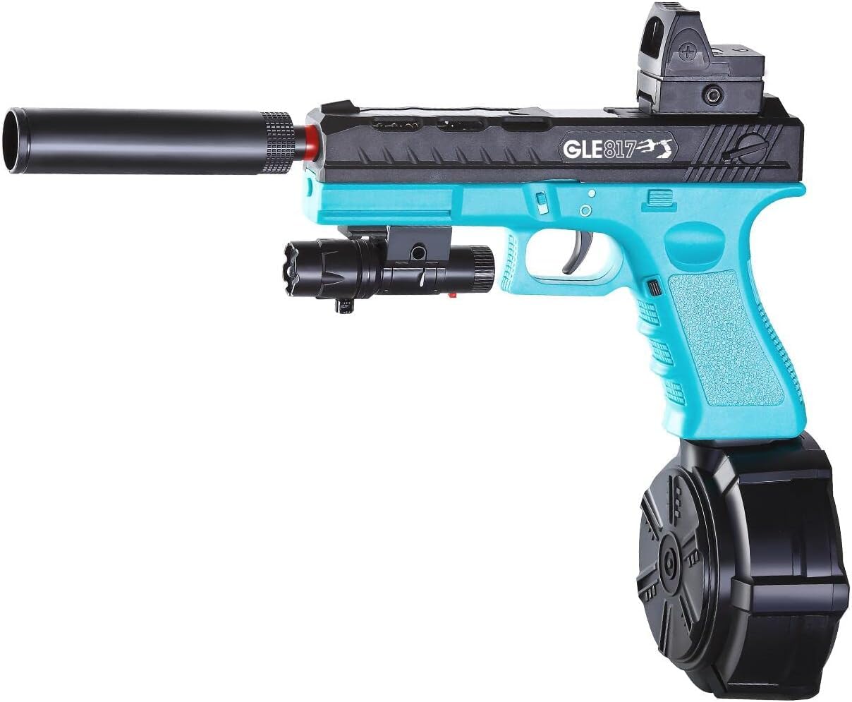 Splatter Ball Gun Automatic, Gel Ball Blaster Gun Full-auto and semi-auto with Goggles, Long Range Blowback Pistol for Shooting Team Games Outdoor Activities Ages 8+ (Cyan)