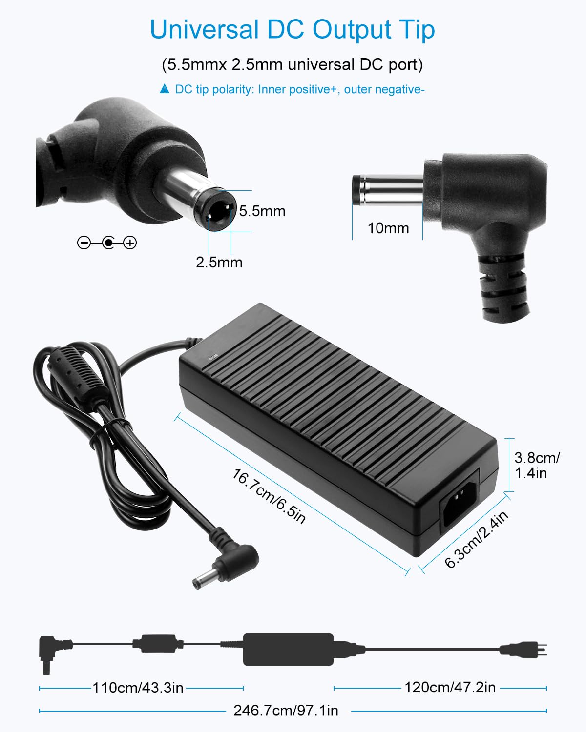 ALITOVE 24V Power Supply DC 24 Volt 5A AC Adapter 100-240V AC/DC Adapter Transformer Compatible 5 Amp 4A 3A 2.7A 2.5A 2A with 5.5 * 2.5mm/2.1mm Tip for LED Strip CCTV Camera Printer LCD Monitor — Amazon image 3