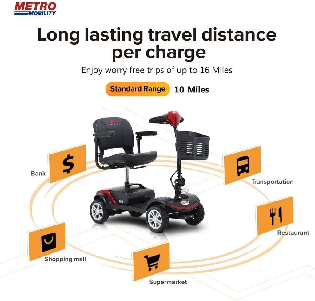 Metro Mobility Compact Travel Electric Power Mobility Scooter for Adults - 265 lbs Max Weight, 4 Wheel, 18 in Width Thick Leather Seats, Large Capacity Lead-Acid Battery - Red : Health & Household