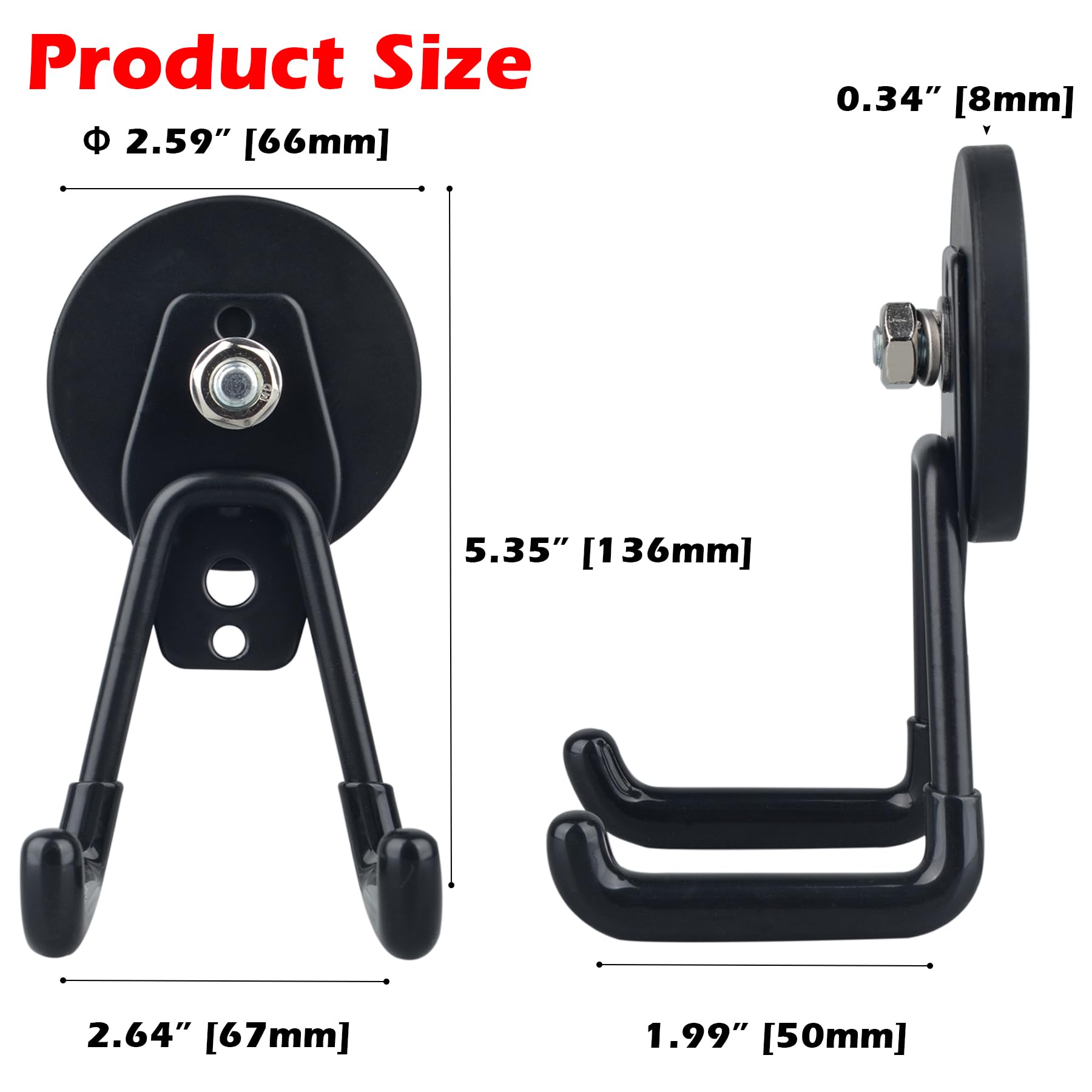 MUTUACTOR Robuste Haken, magnetisch beschichtet, Garagenhaken mit seltenen Erden, zum Aufhängen von Kreuzfahrten im Klassenzimmer, Küchenfächer, Metalltüren (D66 mm, 4 Haken, schwarz)