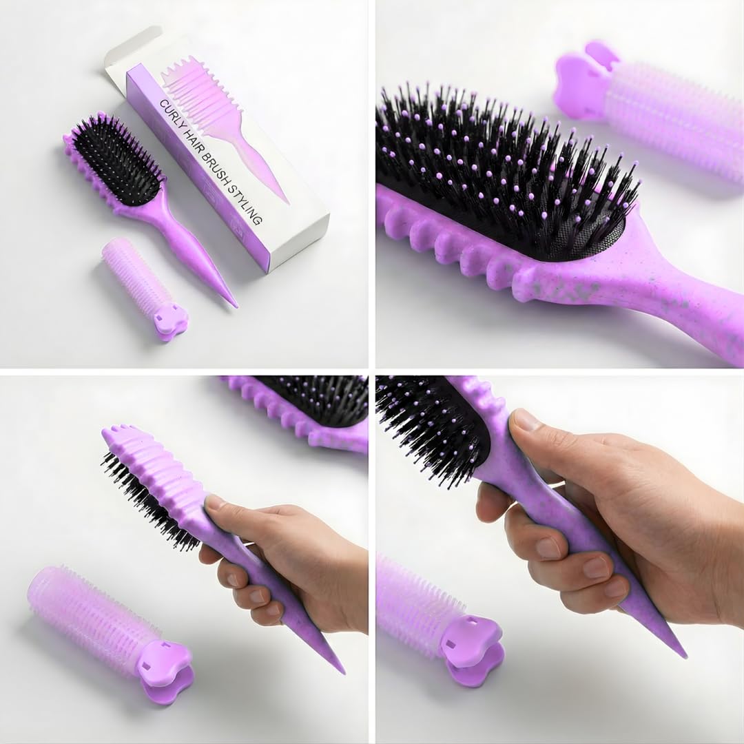 Cepillo definidor de rizos con clip para cabello rizado mojado, cepillo para desenredar el cabello rizado morado para control de encrespamiento y rizos definidos, cepillo de rizo Bewelio