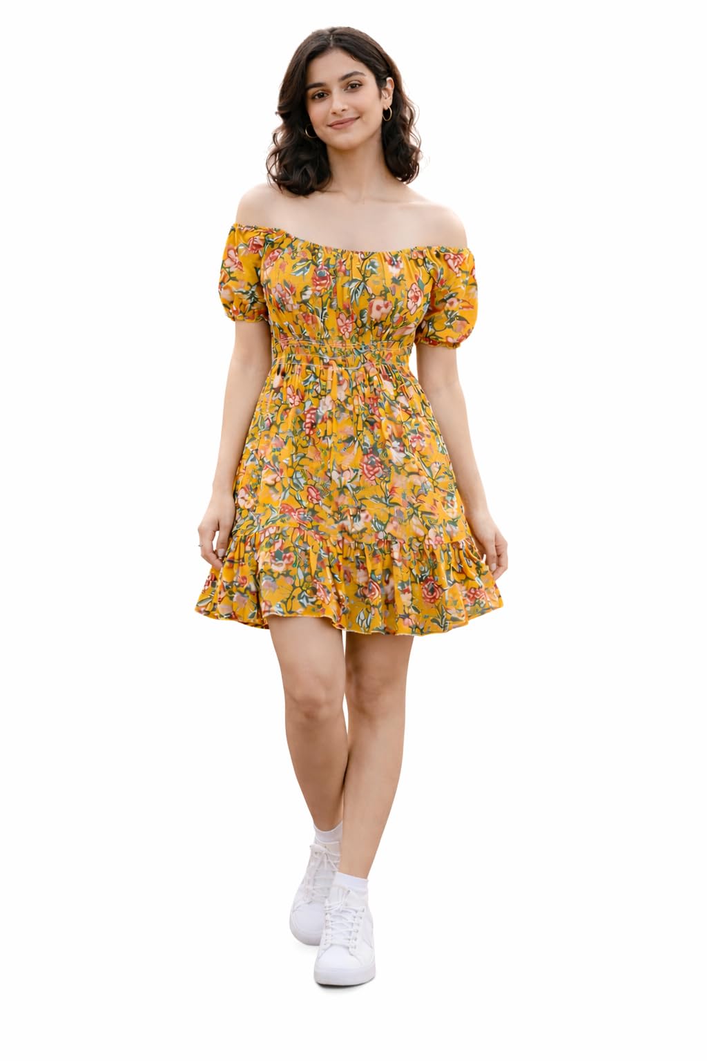 Women's Off Shoulder Floral Print Mini Dress, Yellow with Puff Sleeves and Ruffle Hem-picture-40