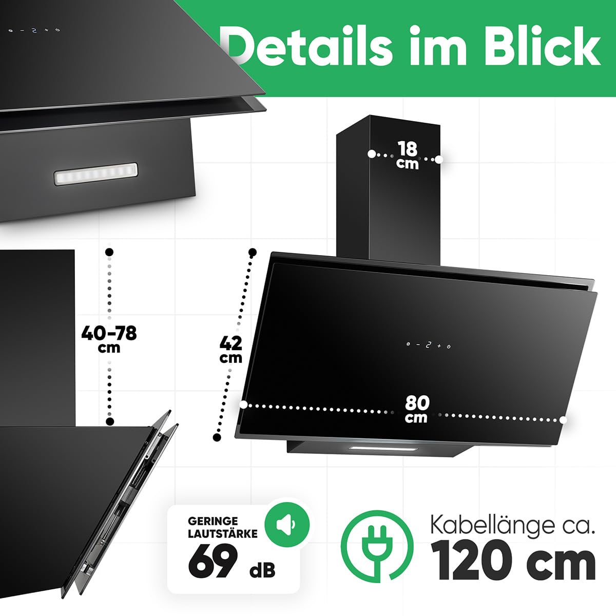 Bomann® Dunstabzugshaube 80cm breit | Abzugshaube für Umluft und Abluft | inkl. Montage-Material | starker Dunstabzug | leise Kopffreihaube 80cm | Dunstabzugshaube Umluft | DU 7612