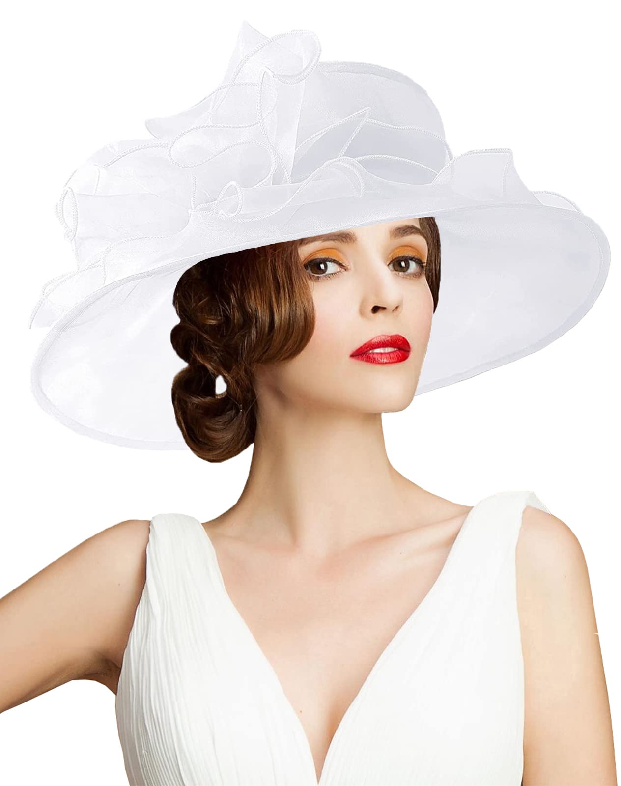 TLMNU Organza Fascinator Hat - Women's Wide Brim Church Bridal Tea Party Wedding Hat, 02white, One Size