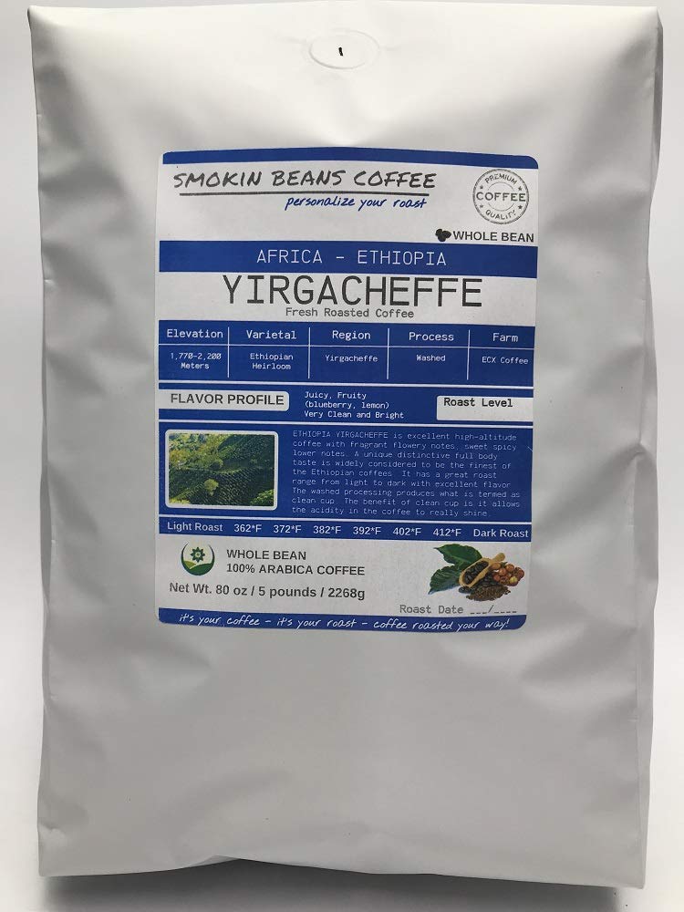 Smokin Beans5-Pound Africa Ethiopia Yirgacheffe Coffee, Washed Processing, Medium Roast, Premium Whole Bean Specialty Coffee