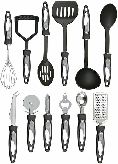IMBTECH 12 Piece Black Cooking Utensil Set, Stainless Steel Kitchen Nylon Handles, Ergonomically Contoured Handle Grips, Dishwasher Safe, Non-Stick, Heat Resistant Cooking Utensils Set.