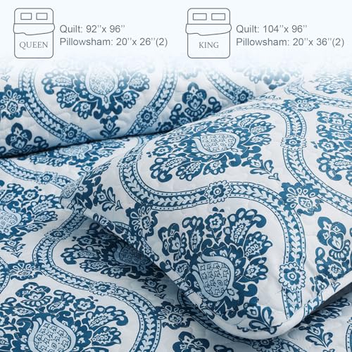 Exclusivo Mezcla Reversible Boho Quilt Set King Size, 3 Pieces Damask Blue All Season Bedspreads, Ultra Soft Floral Coverlet Bedding Set with Printed Pattern (1 Quilt, 2 Pillow Shams)