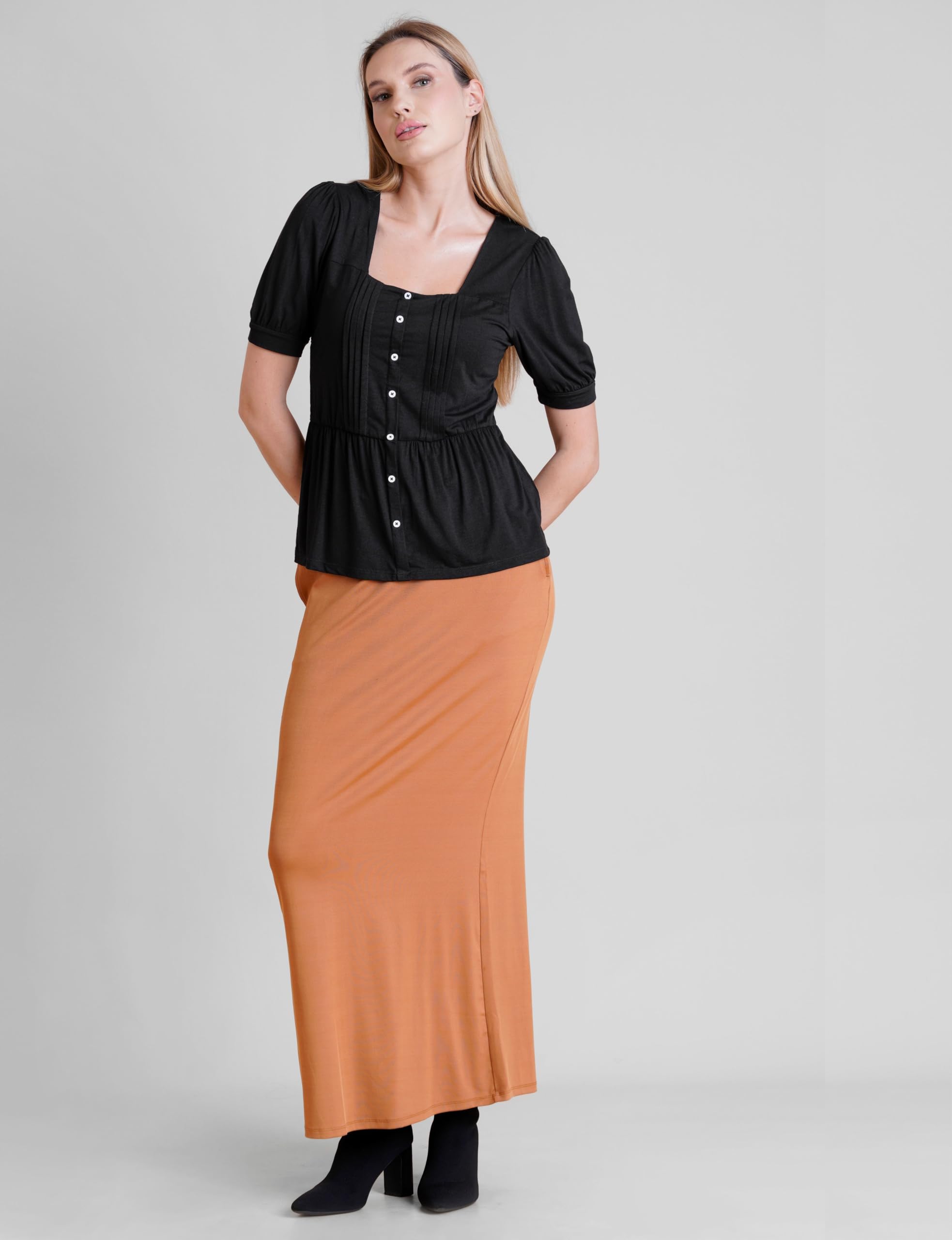 Camicetta da donna con maniche a sbuffo e scollo quadrato, vestibilità aderente, in cotone, con bottoni plissettati sul davanti, in vita arricciata, top estivo casual elegante da indossare