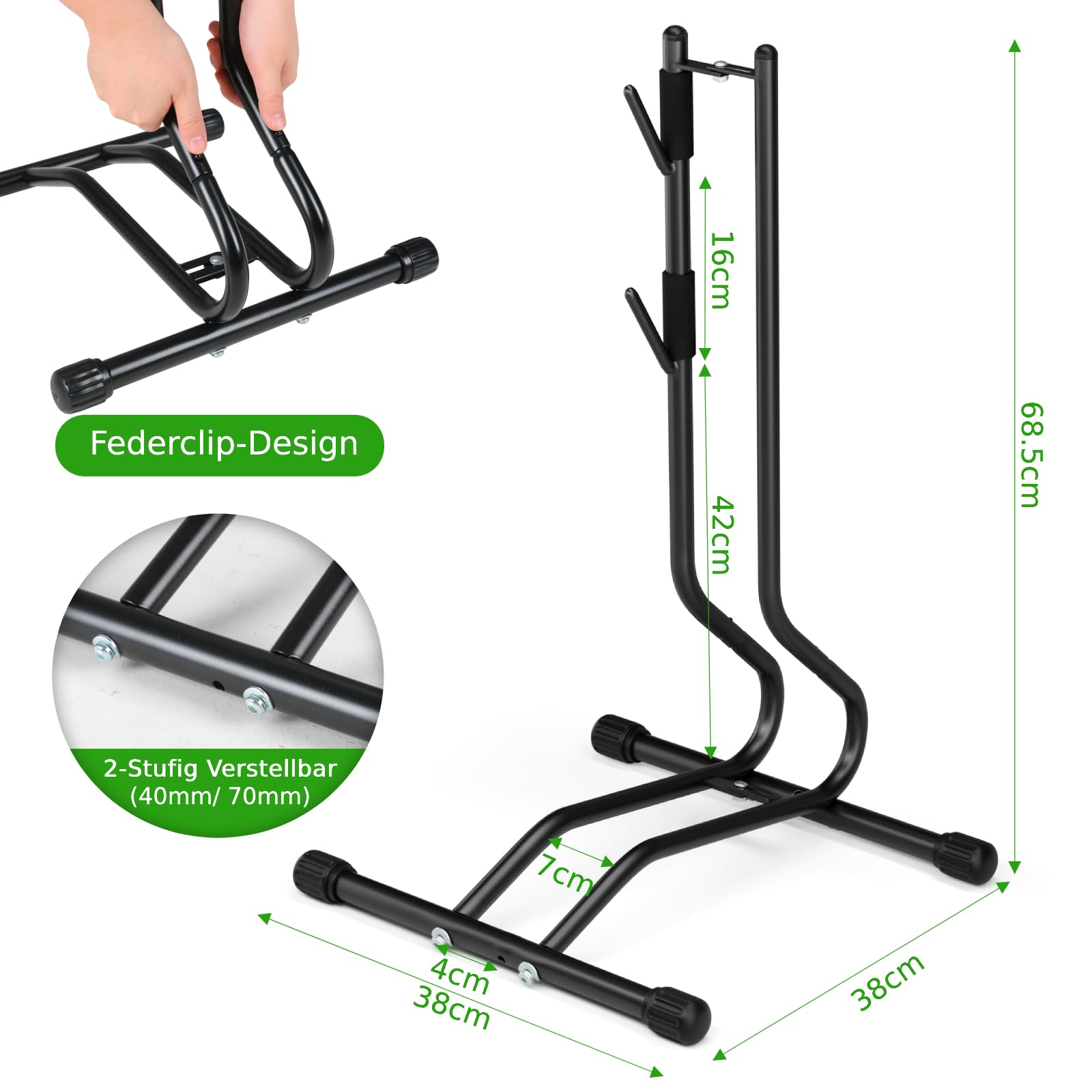 TLGREEN Fahrradständer Boden, Stabile Fahrradhalterung Ohne Bohren bis 25kg, 2-Stufig Verstellbar 40/70mm für Mountainbike Rennrad Trekkingrad 24-28 Zoll, Reifenbreite bis 65mm