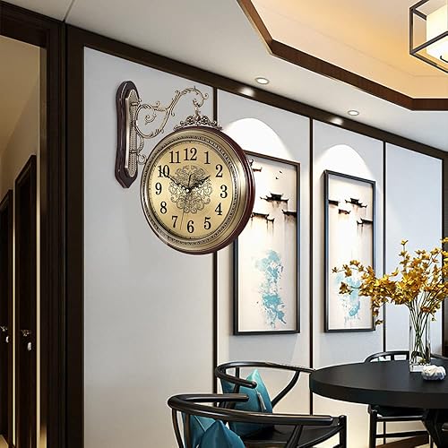 Miniatura 8 de Reloj de pared grande de doble cara, estilo europeo de aleación de doble cara, reloj de pared de metal giratorio de 360°, reloj silencioso para