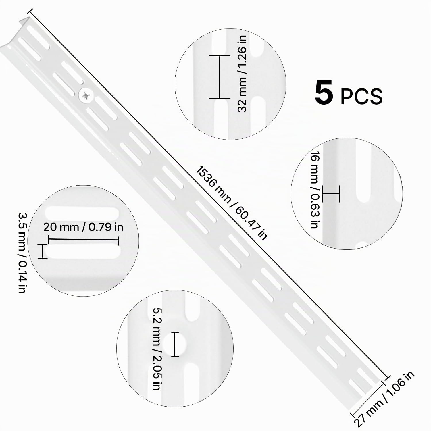VEVOR Crémaillère d'Étagère, 1536 mm, Rail d'Étagères Vertical Mural à Perforation Double, Lot de 5, Rails Réglables Robustes Acier, Facile à Installer, pour Étagères de Rangement, Armoires, Placards