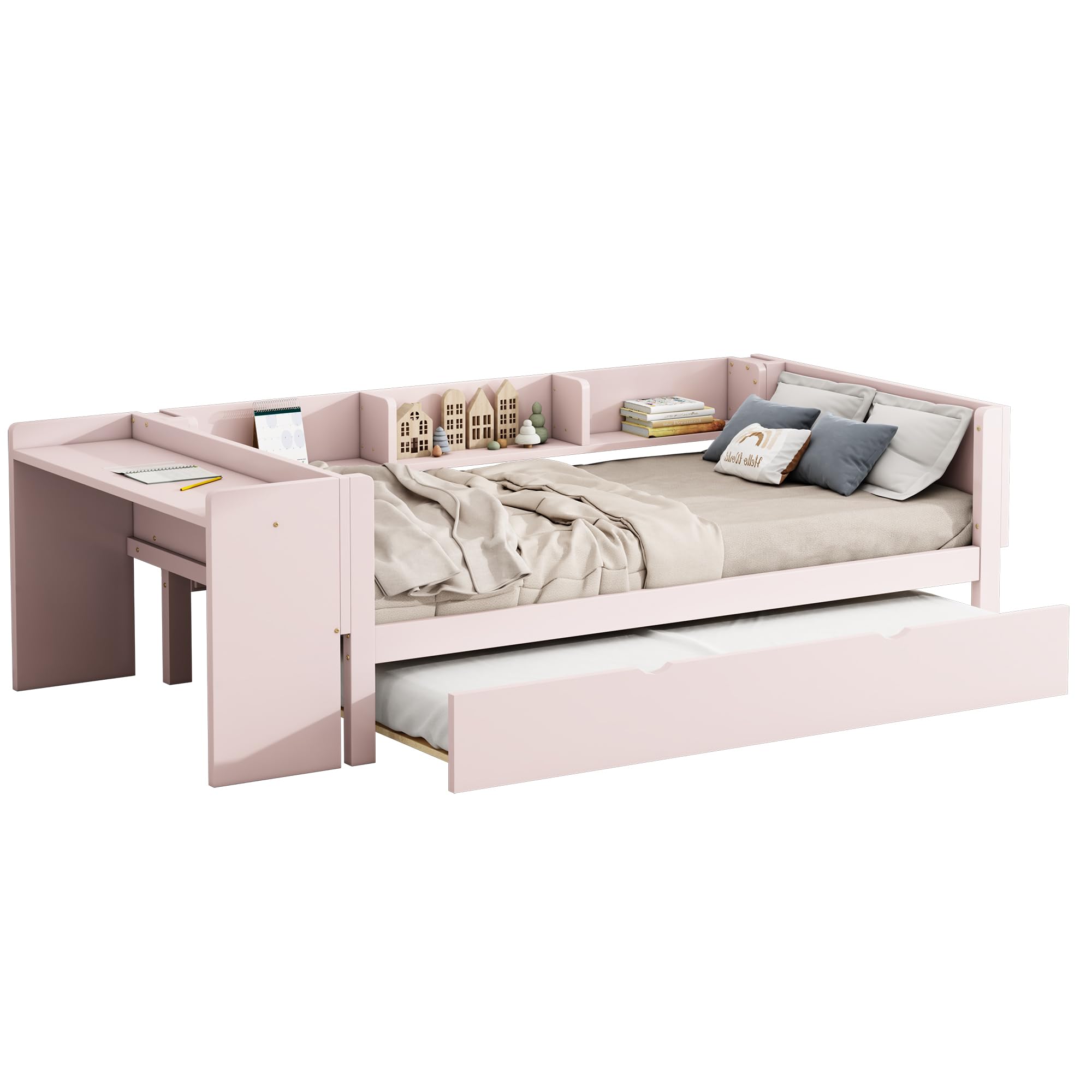Cama individual de 90 x 200 cm, cama plana de madera, con cama extraíble, con escritorio, tres estantes en el lateral de la cama (rosa)