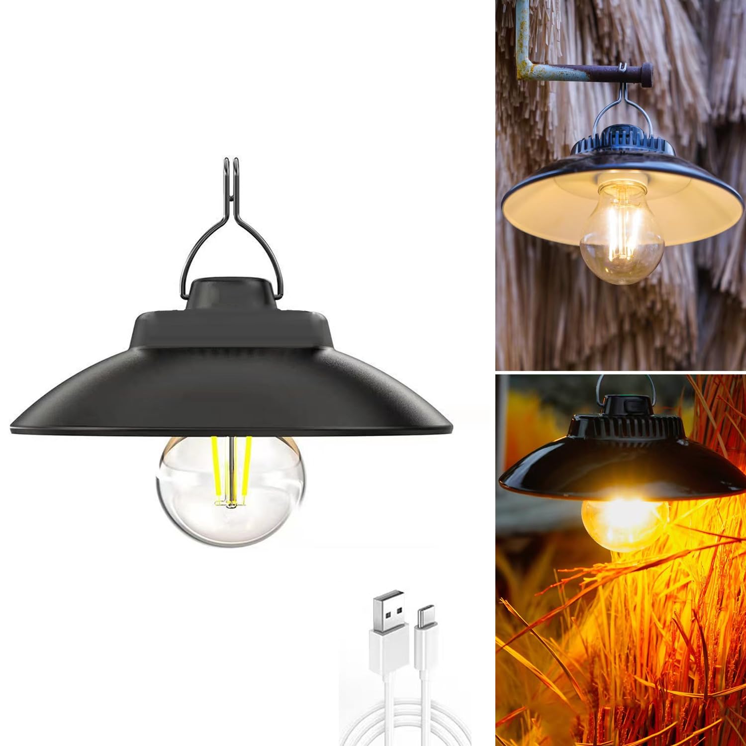 YZYOE LED Outdoor Solar Warm Light Camping Light, Waterproof Solar and USB Powered Retro Courtyard Lighting, 2 Mode Portable Emergency Light with Hook