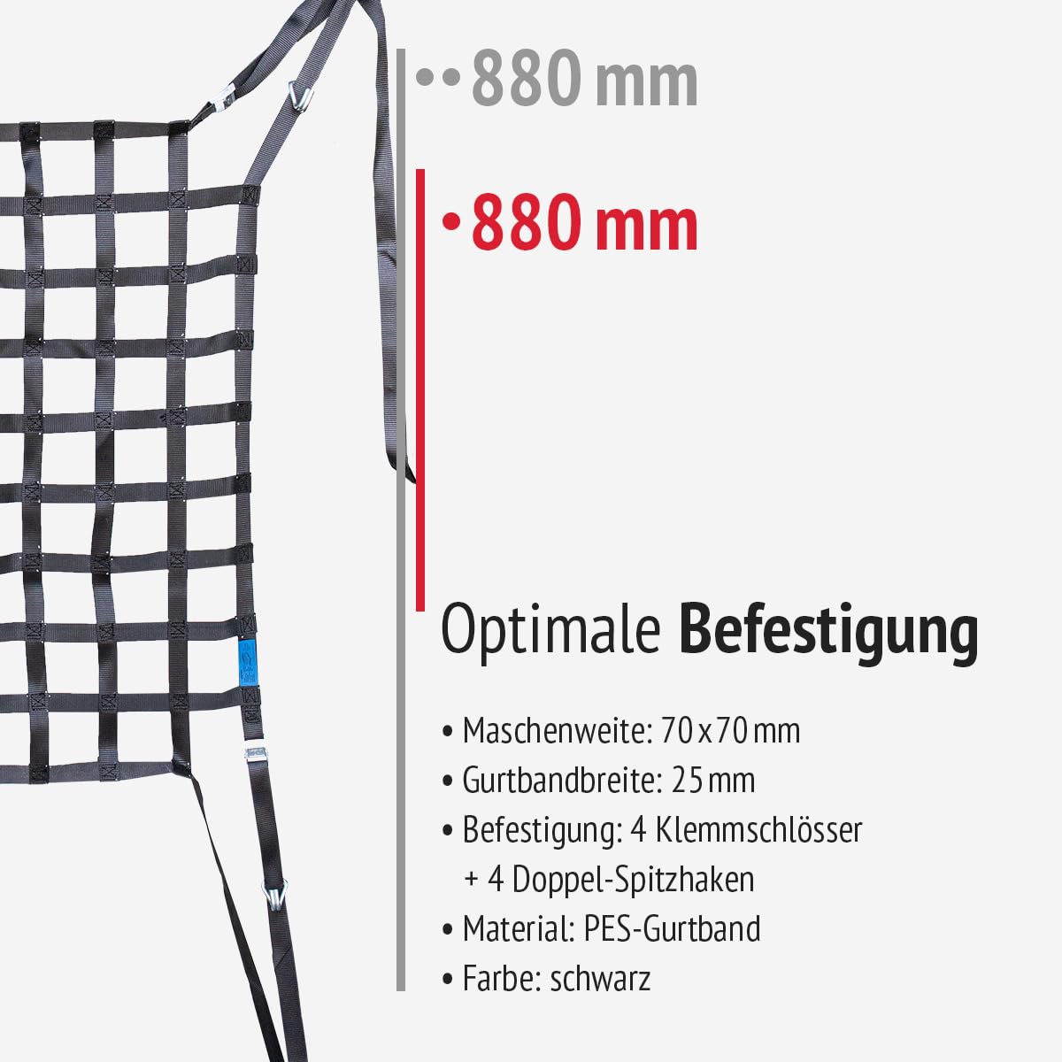 PKW Ladungssicherungsnetz aus Gurtband | Praktisches Gepäcknetz für das Auto | Ideal für sicheren Transport | Größe: 880x880mm | Farbe: schwarz