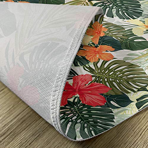 Lunarable Leaf Place Mats Set Of 4, Hawaiian Summer Tropical Island Vegetation Leaves Hibiscus Flowers, Washable Fabric Placemats For Dining Table, Standard Size, Orange And Yellow #TOP4