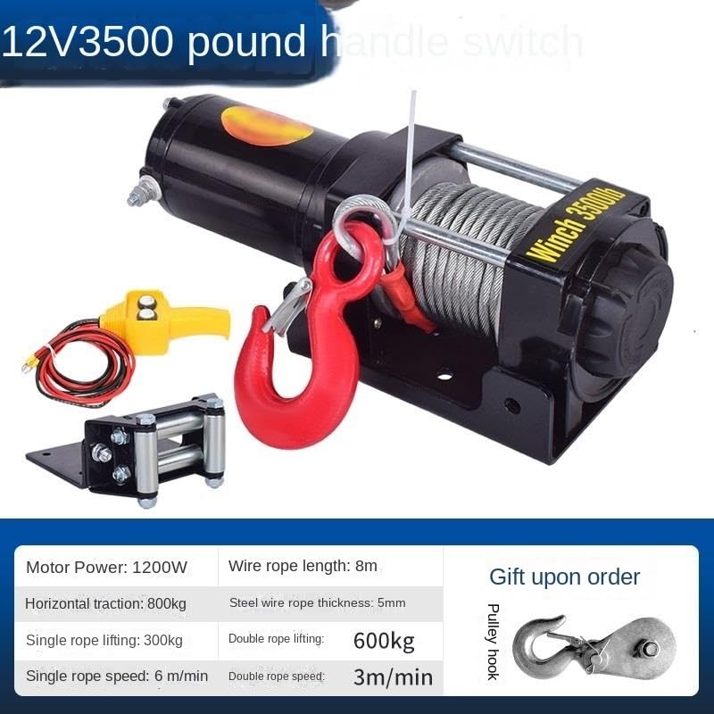 Image of Portable Small Electric Hoist, Electric Vehicle-Mounted Crane Winch, Off-Road Vehicle Self-Rescue Winch (3500 Lbs Handle Switch)