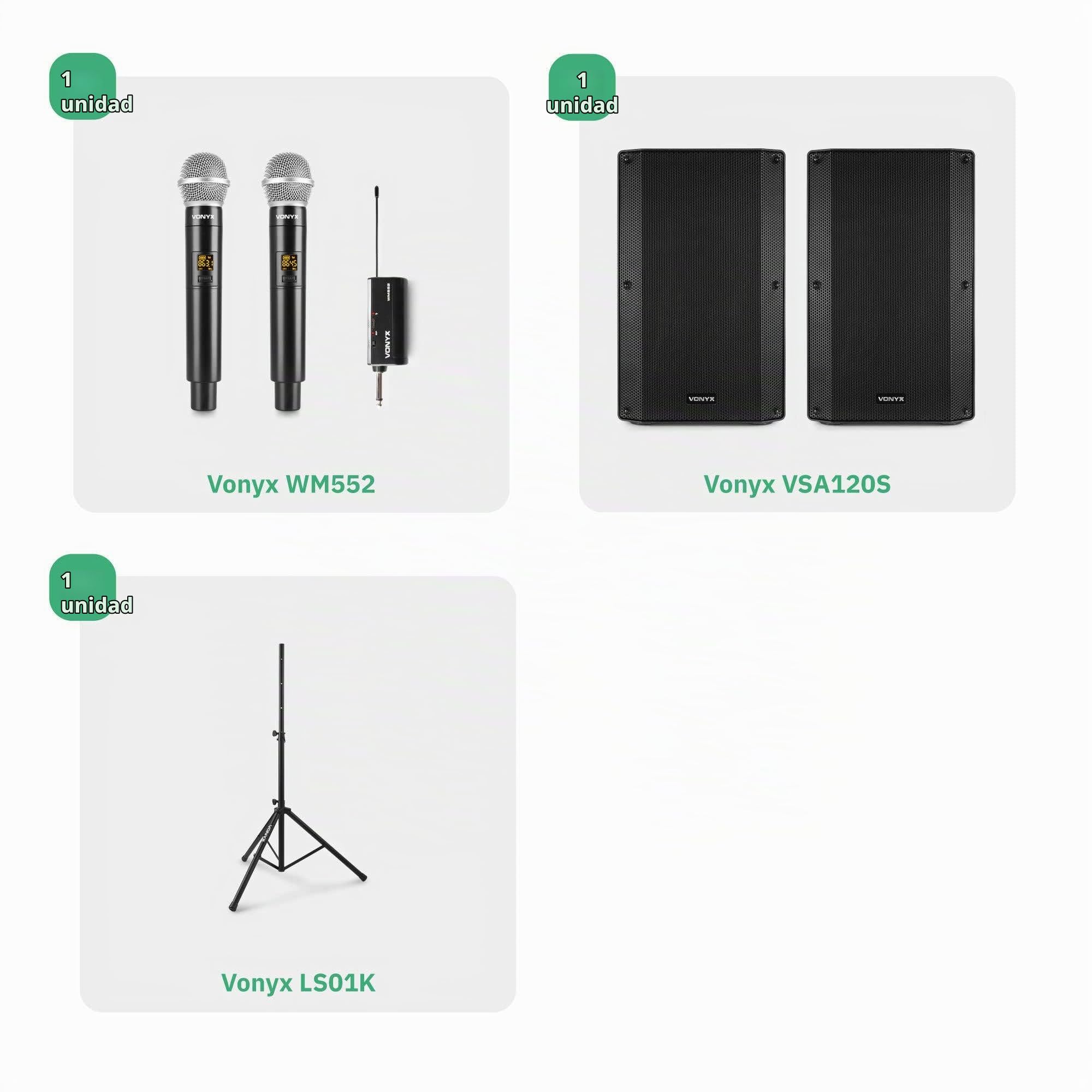 Vonyx Set de Karaoke para Adultos VSA120S - 800W, Bluetooth, Micrófonos Inalámbricos UHF, Woofer de 12", Soportes Ajustables, Fácil Instalación, Sonido Potente y Profesional para Fiestas