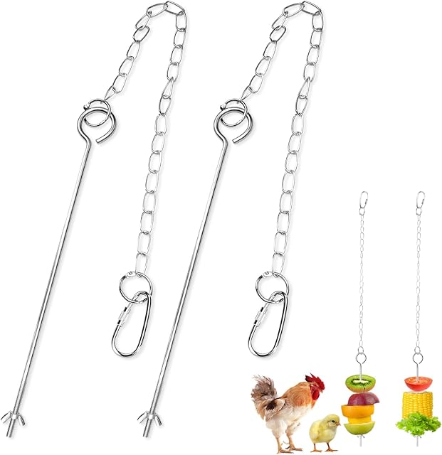 TOSCOS 2PCS Hens Feeder Toys, Chicken Veggies Skewer Food Vegetable Holder for Pet Large Birds Fruit Feeder Chain Hanging Adjustable Foraging Toy for Hens Stainless Steel Treat Skewer