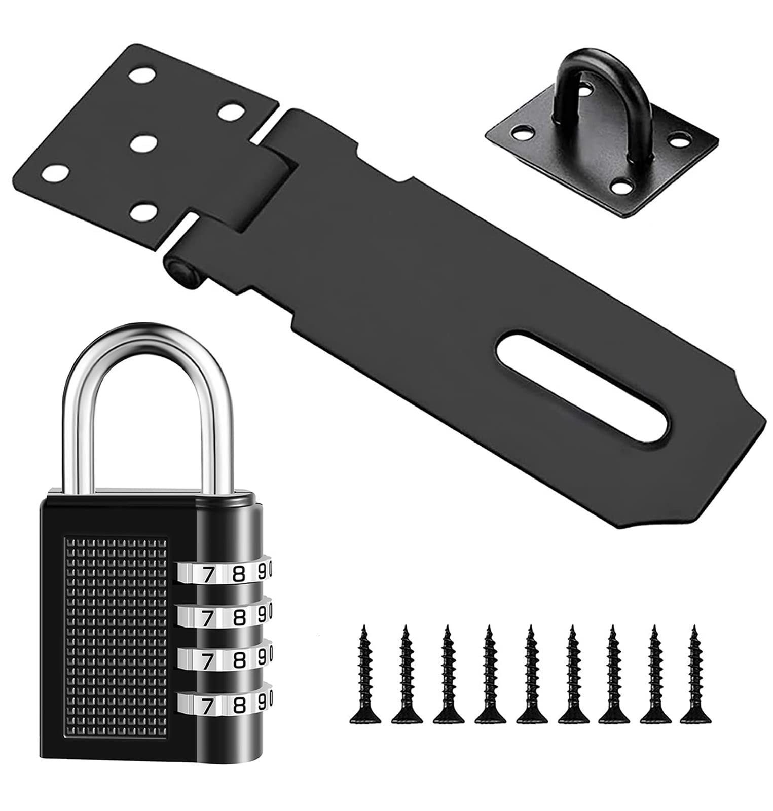 Door Locks Hasp Latch with Pas Combination Padlocks, 4 Inch Stainless Steel Safety Packlock Clasp Hasp Lock Latch for Door Window Locker (Black)