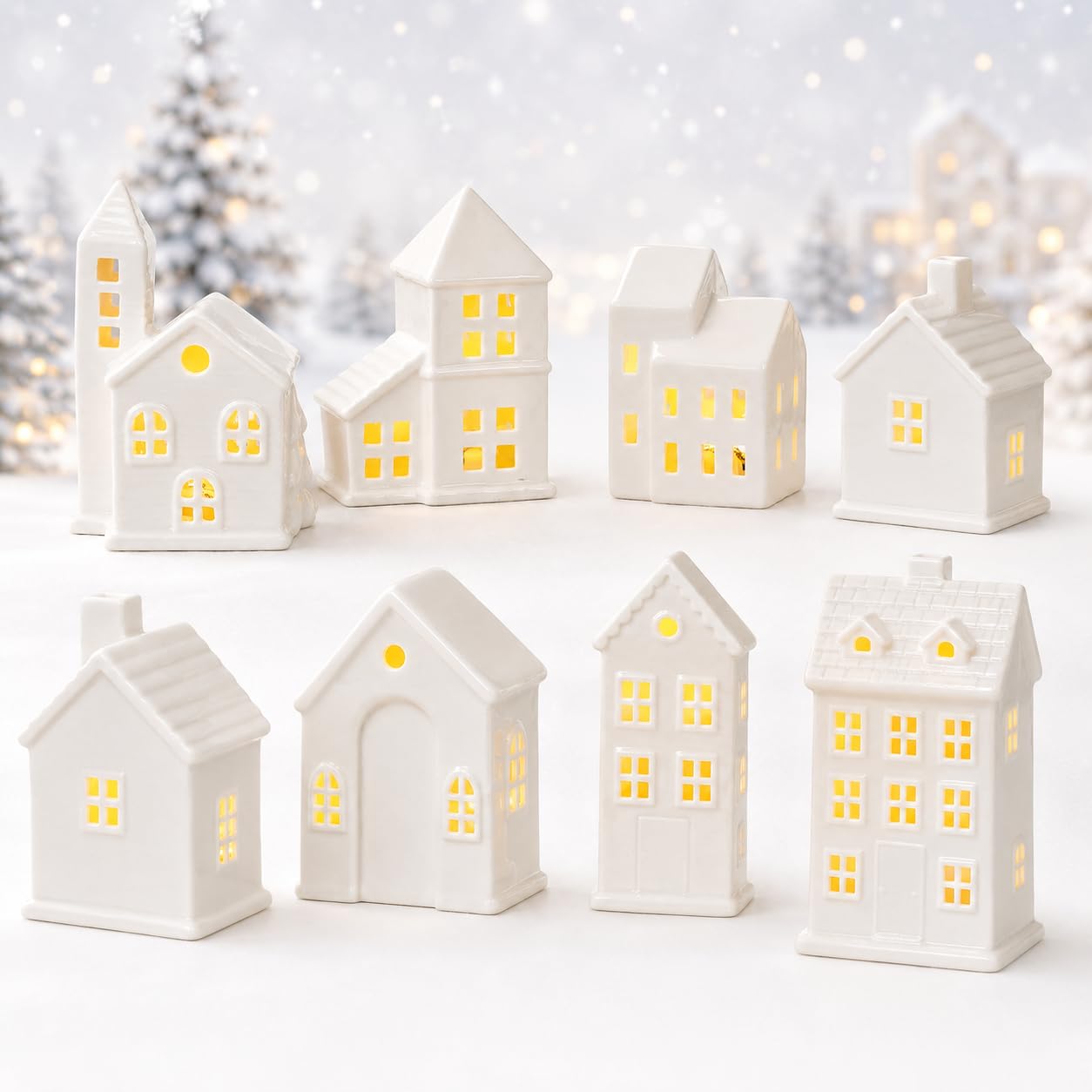 Casas de pueblo de Navidad de cerámica blanca, figuras de porcelana con luz LED, para mesa de casa pequeña y árbol de Navidad, colección de escenas de ciudad de Navidad para el hogar, estante, armario