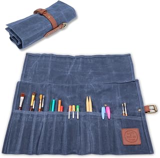 Compact Waxed Canvas Paint Brush Holder - Portable Art Bag for Painting & Drawing - Art Supplies Organizer - Storage Roll Bag for Artists (blue)
