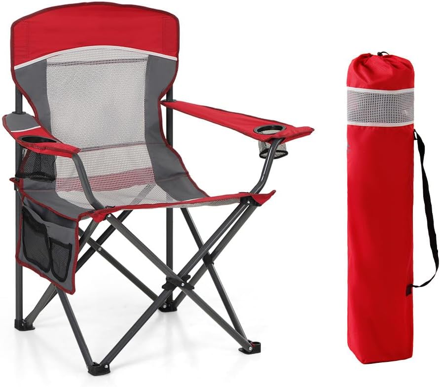 Portable Mesh Back Camping Folding Chair, Heavy Duty Fishing Lawn Chair, Padded Collapsible Outdoor Chair for Adults, Outdoor, Garden, Patio, Red