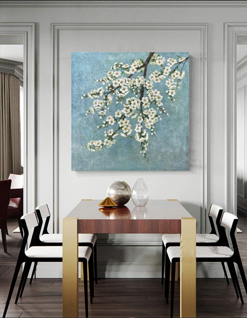 Yihui Arts Large White Flower Dinning Room Wall Art Hand Painted Modern Floral Painting Canvas Pictures Plum Blossom Artwork For Decoration,40x40IN