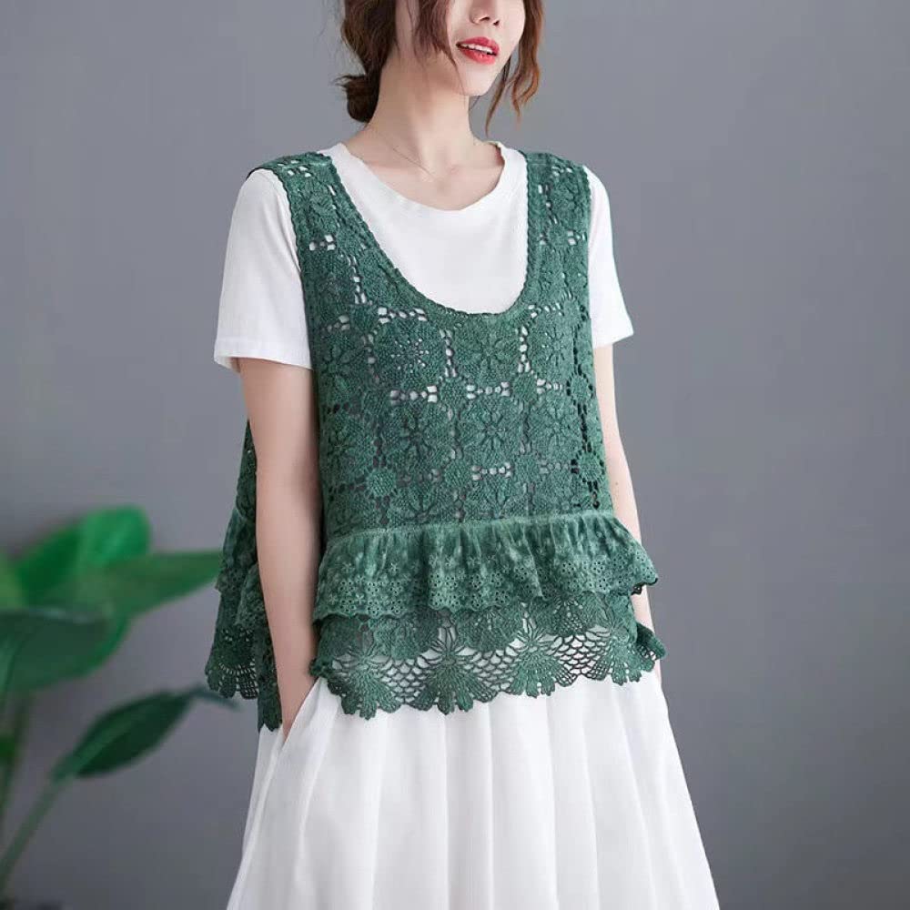 OZEO Gilet da Donna,Gilet da Donna Dolce Vintage Boho Layered Ruffles Floral Pizzo Traforato Lavorato A Maglia Gilet Etnico Maglioni Senza Maniche Gilet Esotico Canotte per Ragazze da Donna,Verde,L