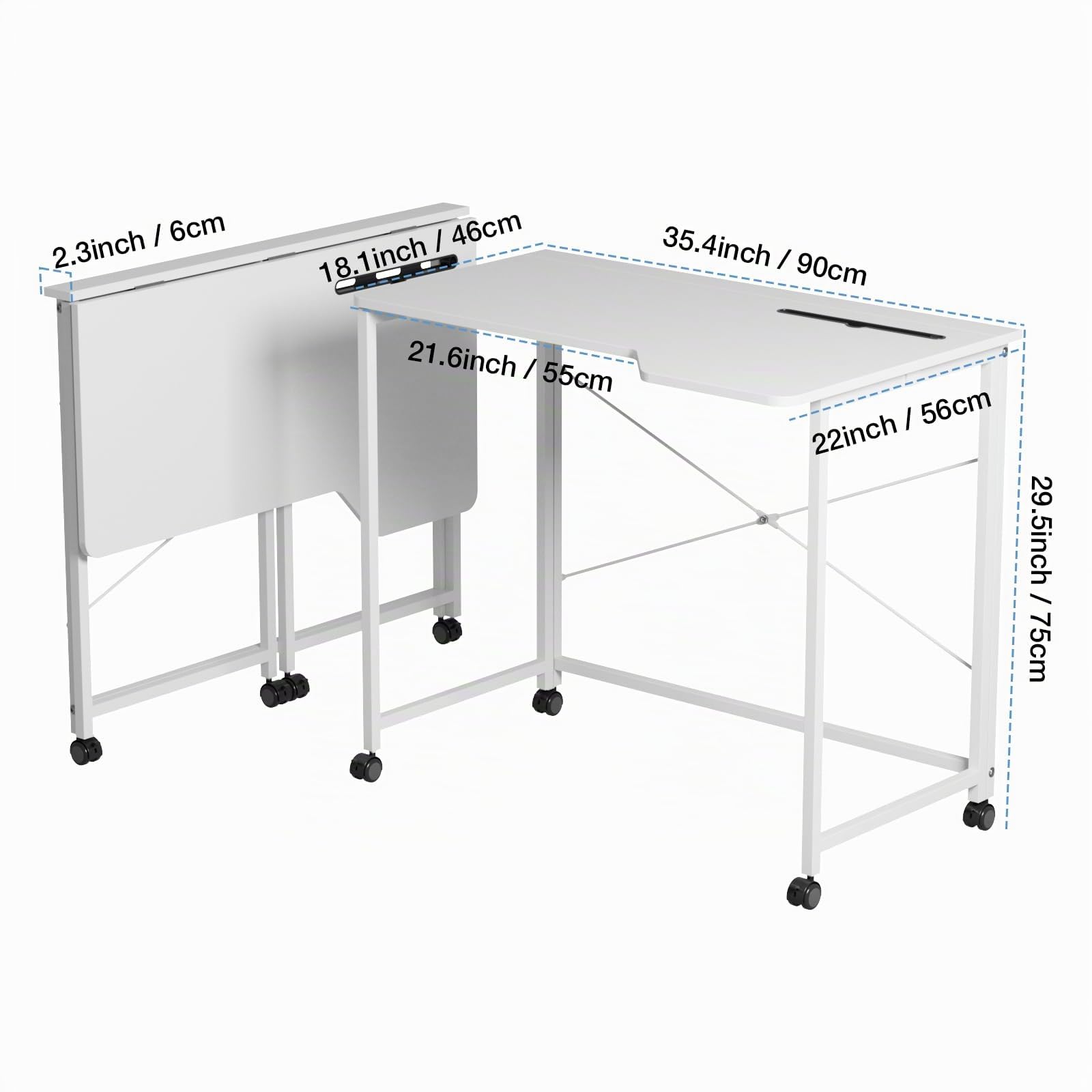Schreibtisch klappbar mit Tablet Steckplatz, Mobiler Computertisch mit 4 Rollen, Faltbar PC Tisch Bürotisch für Home Office 90x56x75cm, Klappschreibtisch Holz Weiß