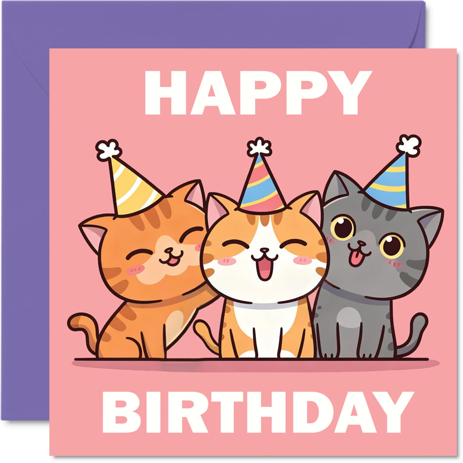 Playful Birthday Card - Party-loving Cats in Colourful Hats - Pink Backdrop Bursts with Happy Energy - Guaranteed to Liven Up Anyone's Big Day - 145mm Square, Envelope Included